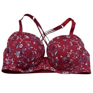 Cacique red floral front closure push up plunge bra 42C